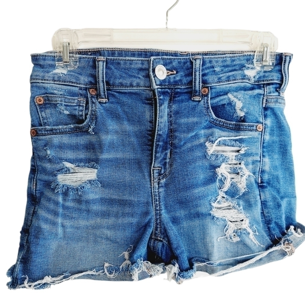 American Eagle Hi Rise Shortie Denim Jean Shorts Super Stretch Size 4 Distressed